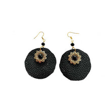 Load image into Gallery viewer, thecrochetbasket.com Leather-earring-black-flower-round