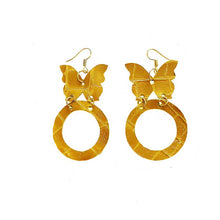Load image into Gallery viewer, thecrochetbasket.com Leather-earring-yellow-butterflies-round